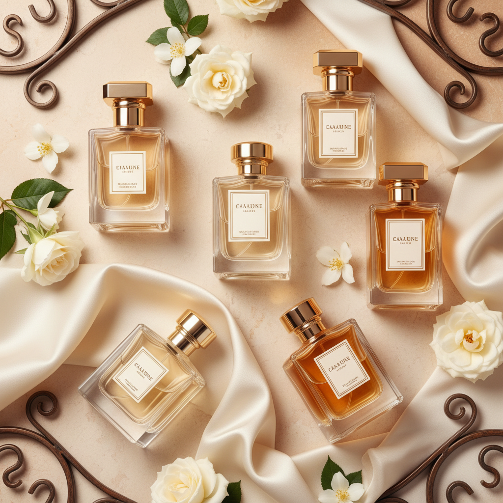 Frascos elegantes de perfume em tons âmbar e transparente sobre fundo creme
